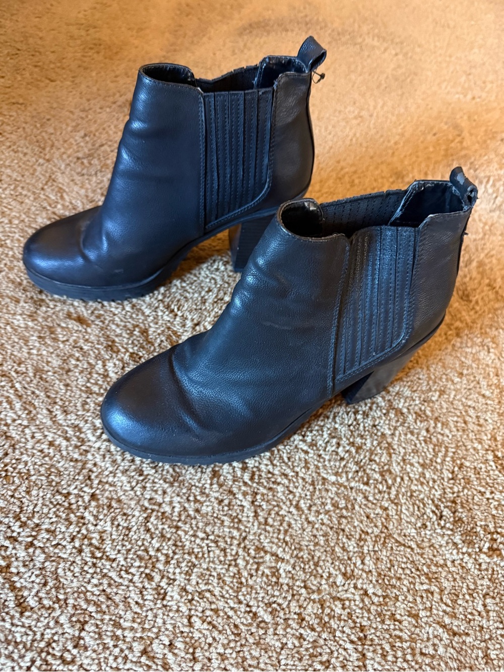 Black Leather Ankle Booties with Block Heel